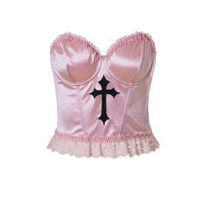 Pink satin bustier top with gothic black cross and lace trim on a white background