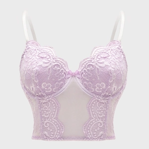 Lavender lace corset top with sheer mesh paneling and delicate bow detail for women