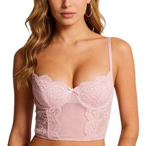 Pale pink floral lace bustier top for women with sheer mesh details and bow accent