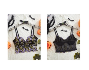 Detailed front and back view of mesh corset top with purple floral embroidery