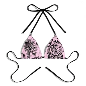 Pink gothic bikini top with angel wings and cross prints, halter neck beach swimwear