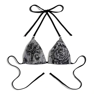 Halter triangle bikini top in grey with black tattoo style cross and rose prints