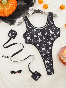 Body di Halloween con stampa a scheletro, cinturini decorativi e dettagli di zucca