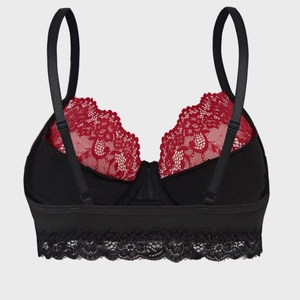French style black and red lace bra with floral patterns and scalloped eyelash trim