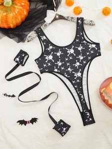 Body con stampa teschio di Halloween con decoro zucca e stampelle in pizzo