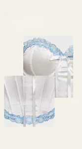 Detail of white satin corset with light blue lace trim and a delicate ribbon bow