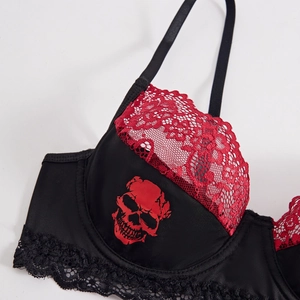 French style black and red skull print bra with lace trim and underwire support