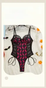 Macro detail of Halloween bodysuit with purple bat lace, underwire support, and side lacing