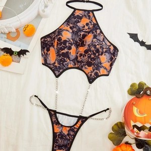 Damen Sexy Halloween Halter Lingerie Set Totenkopf Druck Top Und Bottom Mit Metallkette Orange Punk Stil Party Kostüm