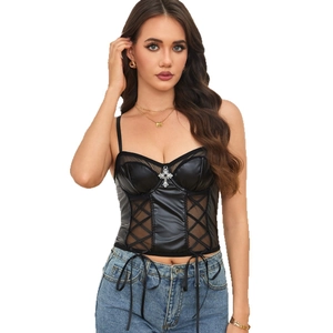 Sexy black PU leather and mesh camisole corset with lace stitching and cross pendant
