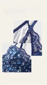 Détails du haut de lingerie bleu foncé à fleurs avec dentelle et armatures de soutien