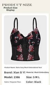 Macro detail of sexy black mesh bustier with red floral embroidery and boning details