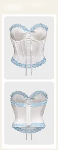 Front and back detail of a white satin corset with light blue lace and bow accents