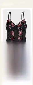 Detailed front and back view of black corset top with red floral embroidery and mesh