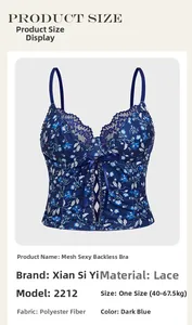 Détails du haut corset en tulle bleu foncé avec fleurs, laçage frontal et bordure dentelle