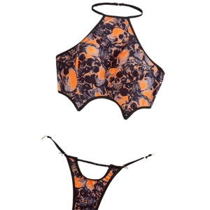 Halloween-Badeanzug Set mit Totenkopf-Print, Neckholder-Top und Unterteil in Orange