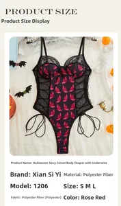 Detailed view of Halloween bodysuit with rose red bats and delicate lace stitching