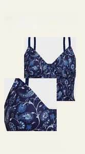 Vue détaillée du corset bleu roi à imprimé paisley avec de fines bretelles et armatures