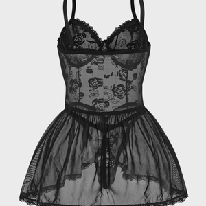 Nuisette sexy noire transparente avec broderie rose et jupe en mesh pour femme