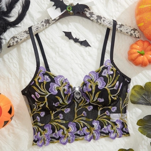 Women Sexy Gothic Halloween Mesh Floral Embroidery Bustier Corset Top With Bat Charm Underwired Camisole Party Wear
