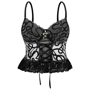 Gothic black mesh corset top with snakeskin embroidery, lace hem and lace-up detail