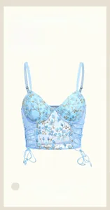 Detail of light blue mesh lingerie with delicate floral embroidery and lace straps