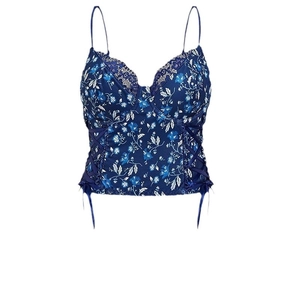 Floral print corset top with blue lace trim and side lace-up details on white background