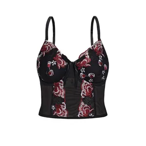 Retro Sexy Mesh Floral Embroidery Bustier Top Women Black Underwire Fishbone Corset Slim Fit Camisole Lace Bow Aesthetic