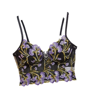 Sexy black mesh bustier top with purple floral embroidery and bat pendant detail