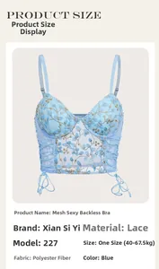 Detailed view of sky blue lace bustier with floral embroidery and side lace-up details