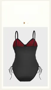 Detail of breathable mesh panels and adjustable straps on this velvet bodysuit