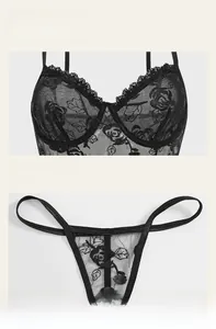 Détails d'un ensemble de lingerie en mesh noir avec motifs dentelle rose et armatures