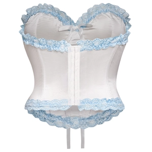 French vintage white satin corset with light blue lace trim and central bow detail