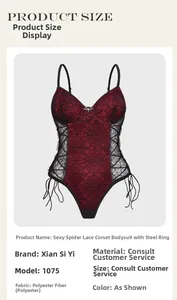Close-up of red and black spider lace bodysuit showing polyester fabric texture and wiring
