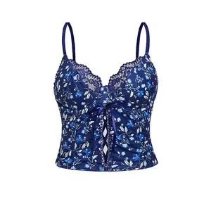Haut Corset en Maille Imprimé Floral Sexy pour Femmes Bleu Foncé Laçage avec Armatures Caraco Coupe Slim Sans Manches Clubwear