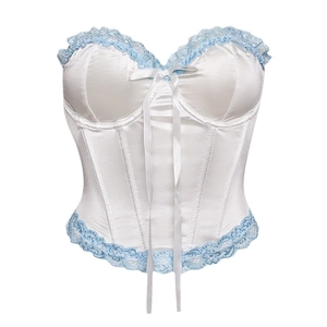 White satin corset top with blue lace trim and vertical boning on white background