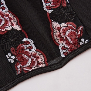 Sexy mesh corset top with red flower embroidery and supportive boning structure