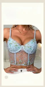 Detail of light blue mesh bustier with floral embroidery and sequin heart patterns