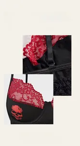 Detail of red floral lace trim and skull print on a black gothic style sheer bra