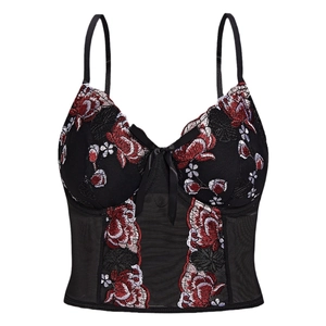 Sexy black mesh corset top with floral embroidery and structured boning for women
