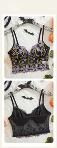 Detailed front and back view of gothic black lace bustier with floral embroidery