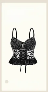 Close-up of black sheer lace corset with underwire support and snake charm detail