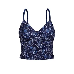 Haut Bustier Femme Bleu Royal Imprimé Cachemire Avec Armatures Sexy Coupe Slim Soie de Lait Bretelles Spaghetti Corset Top Mode Quotidienne Fête