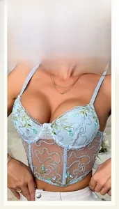 Detail view of light blue mesh bra with delicate floral embroidery and structural boning