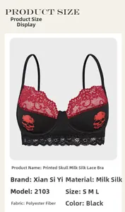 Detail of sexy lace trim and red skull print on a thin black milk silk push-up bra