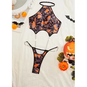 Halloween Femmes Imprimé Crâne Lingerie Sexy Dos Nu Chaîne en Métal Bodysuit Et String Orange Gothique Nuit Fête