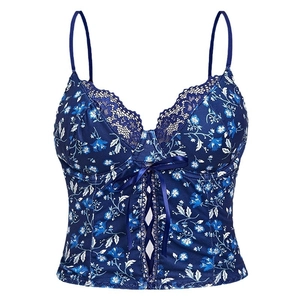 Haut corset à fleurs bleu foncé avec bordure en dentelle et ruban noué devant