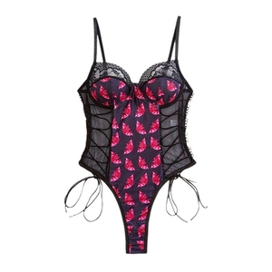 Gothic purple bodysuit with red bat print, black lace trim and lace-up side details
