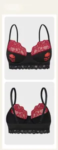 Lace bra featuring red skull prints and floral lace edges in front and back views