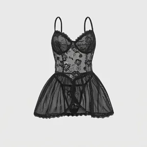 Lingerie Sexy Femme en Dentelle et Maille Noire avec Broderie de Rose Robe Babydoll Transparente et String avec Armatures